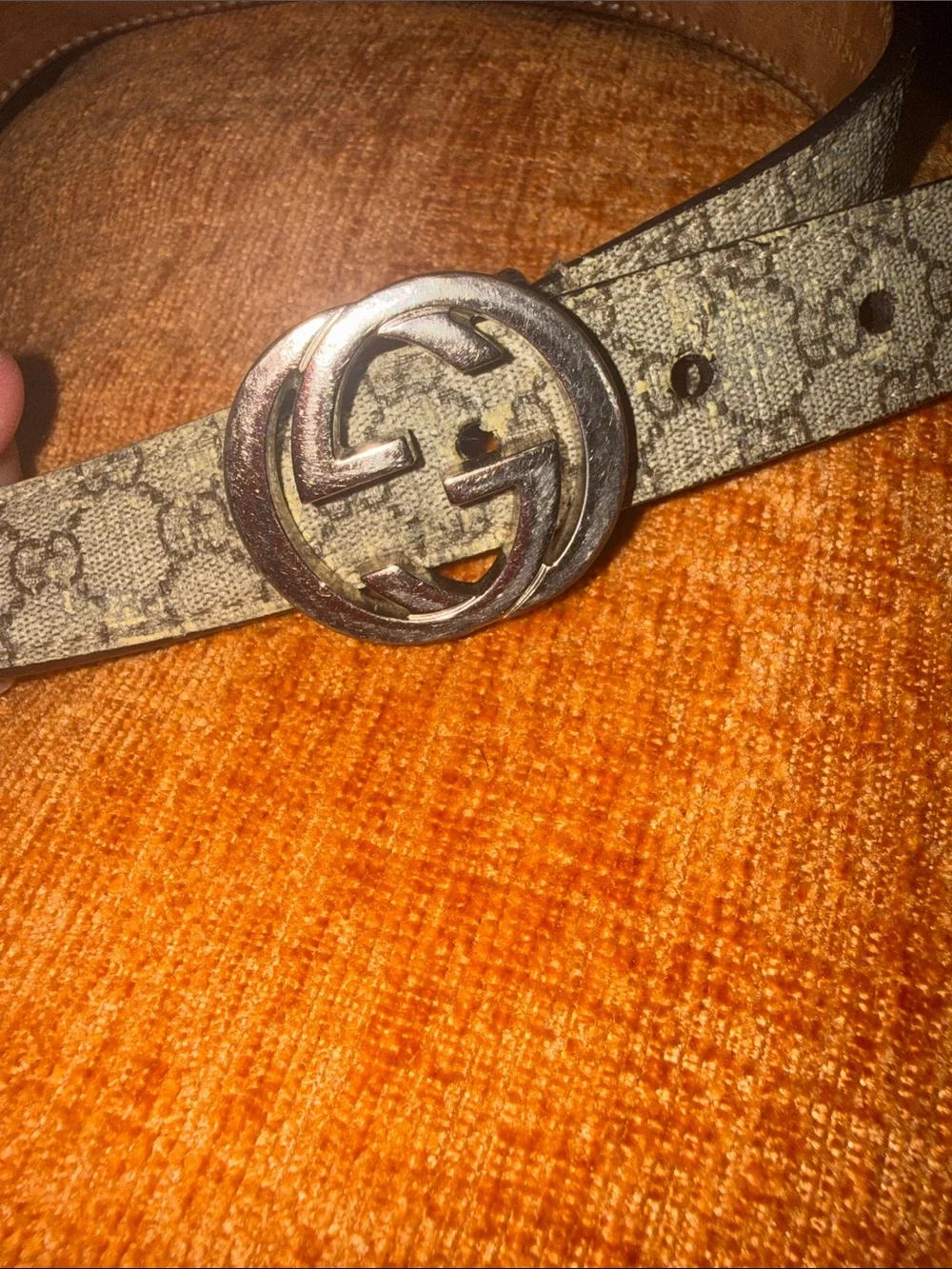 Gucci Beige Monogram GG Silver Buckle Women's Belt